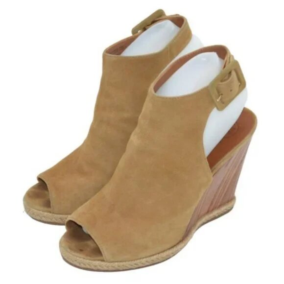 Tory Burch Tan Suede Leather Open Peep Toe Wood Wedge Slingback Heels Sandals 8 - Picture 4 of 14